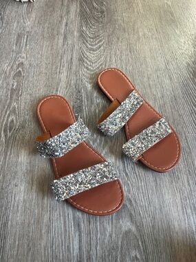 Women's Silver Glitter Double-Strap Slide Sandals